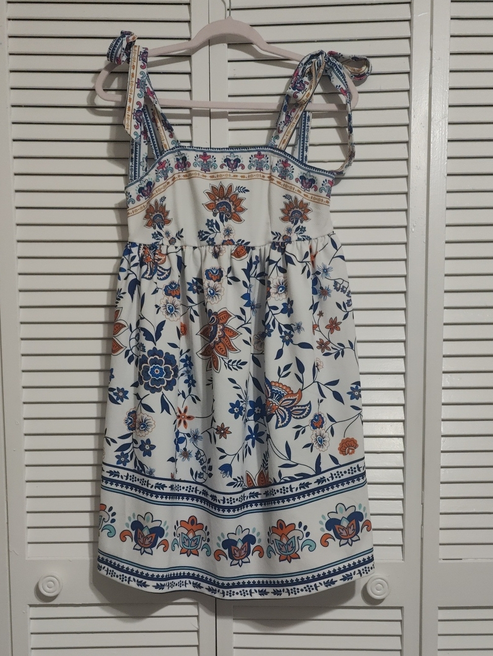 White Tie Shoulder Floral Sundress w/ Blue & Orange Abstract Floral Retro Print